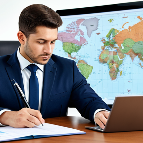 A professional male business executive in a modest business suit, sitting at a sleek modern desk, deep in thought, with a global map subtly visible in the background. He is holding a pen, looking at a digital tablet displaying strategic career pathways and data charts. The scene conveys a sense of accomplishment and forward-looking vision. perfect anatomy, correct proportions, natural pose, well-formed hands, proper finger count, natural body proportions, fully clothed, appropriate attire, professional dress, safe for work, appropriate content, professional.