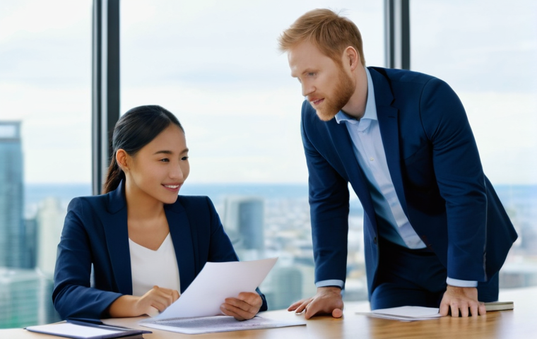 국제비즈니스 실무 서류 작성 가이드 - **Prompt: Global Collaborative Document Review**
    A diverse team of three business professionals ...