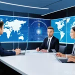 국제비즈니스매니저 업계 평균 연봉 비교 - **Prompt:** A dynamic, wide-angle shot of a diverse team of international business managers (male an...