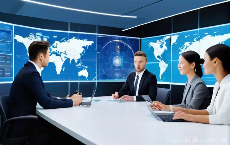 국제비즈니스매니저 업계 평균 연봉 비교 - **Prompt:** A dynamic, wide-angle shot of a diverse team of international business managers (male an...