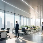 국제비즈니스 시장 동향 이해하기 - **Prompt:** A dynamic, wide-angle shot of a modern, eco-friendly office interior where a diverse gro...