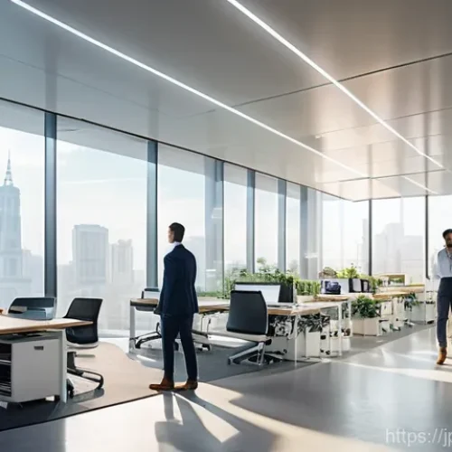 국제비즈니스 시장 동향 이해하기 - **Prompt:** A dynamic, wide-angle shot of a modern, eco-friendly office interior where a diverse gro...