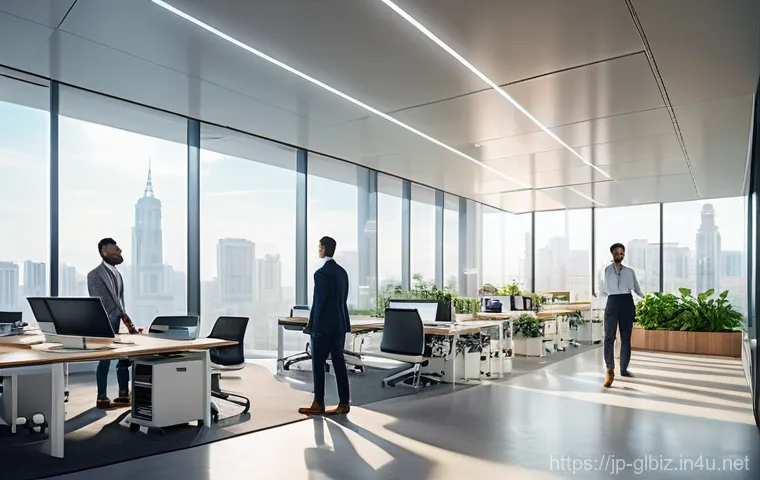 국제비즈니스 시장 동향 이해하기 - **Prompt:** A dynamic, wide-angle shot of a modern, eco-friendly office interior where a diverse gro...