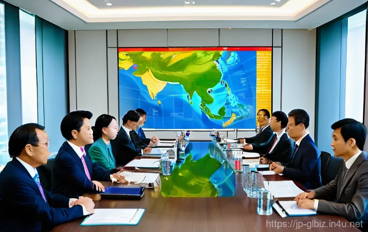 국제비즈니스 시장 동향 이해하기 - **Prompt:** A vibrant, bustling outdoor market scene in a futuristic Southeast Asian city. Young, en...