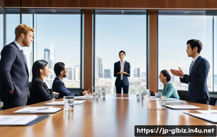 국제비즈니스 성공 사례로 배우는 실무 - A diverse international business meeting scene in a modern conference room, featuring multicultural ...