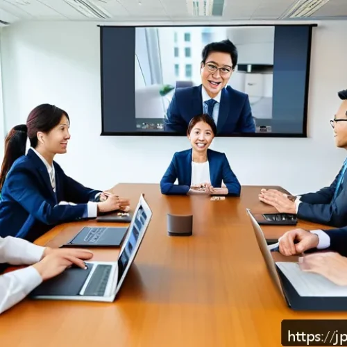 국제비즈니스 실무 활용 사례 연구 - A modern international business meeting scene featuring a diverse multicultural team communicating v...