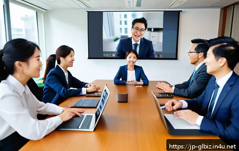 국제비즈니스 실무 활용 사례 연구 - A modern international business meeting scene featuring a diverse multicultural team communicating v...