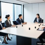 국제비즈니스 실무자 경력개발 전략 - A diverse group of international business professionals engaged in a meeting room, showcasing multic...