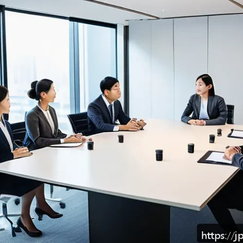 국제비즈니스 실무자 경력개발 전략 - A diverse group of international business professionals engaged in a meeting room, showcasing multic...