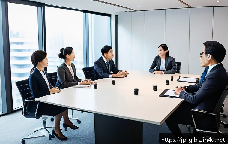 국제비즈니스 실무자 경력개발 전략 - A diverse group of international business professionals engaged in a meeting room, showcasing multic...