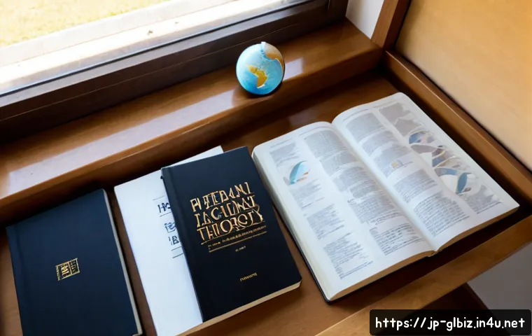 국제비즈니스 이론 서적 추천 - Photorealistic overhead view of a tidy wooden study desk with several unbranded international busine...